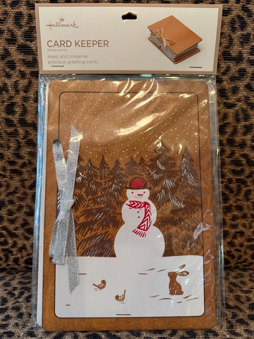 Hallmark Brown Kraft Card Keeper with White Snowman and Silver Ribbon